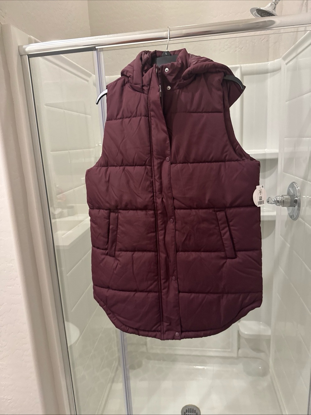 Womens Maroon Quilted Hooded Puffer Vest